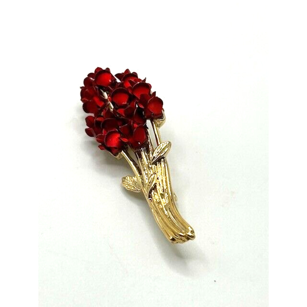 Vintage Avon Jewelry DM97 Gold Tone Dozen Enamel Red Roses Brooch Pin 2.5"